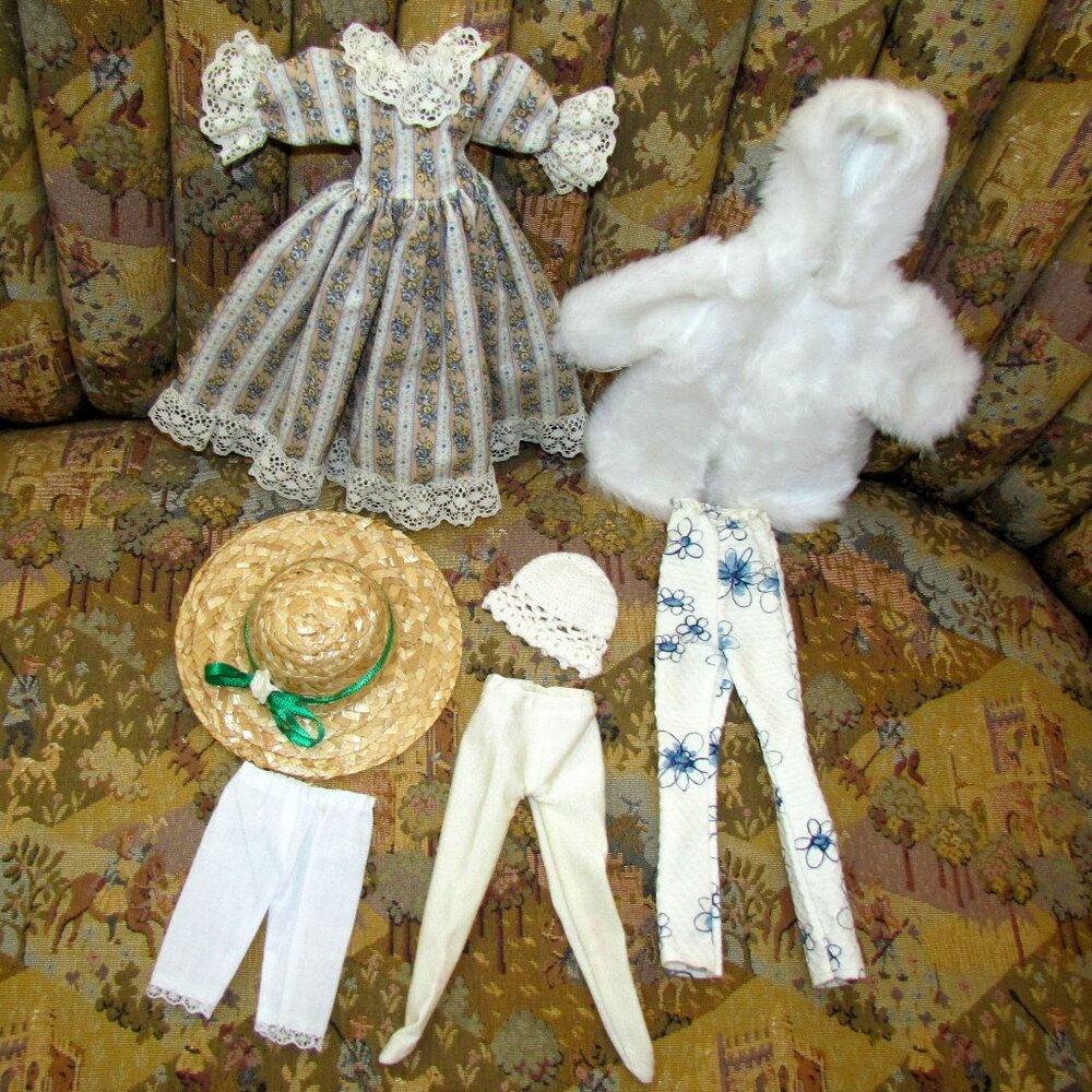 GAMBINA DOLL DRESS + CLOTHING LOT:  PLUSH COAT, PANTS, HAT, TIGHTS, VARIOUS